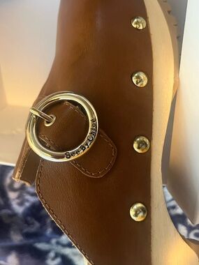See By Chloé Tan Brown Leather Clog with Gold Ring